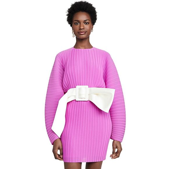 Solace London Tanzy Fuchsia Pleated White Bow Long Sleeve Mini Cocktail Dress - Picture 5 of 16